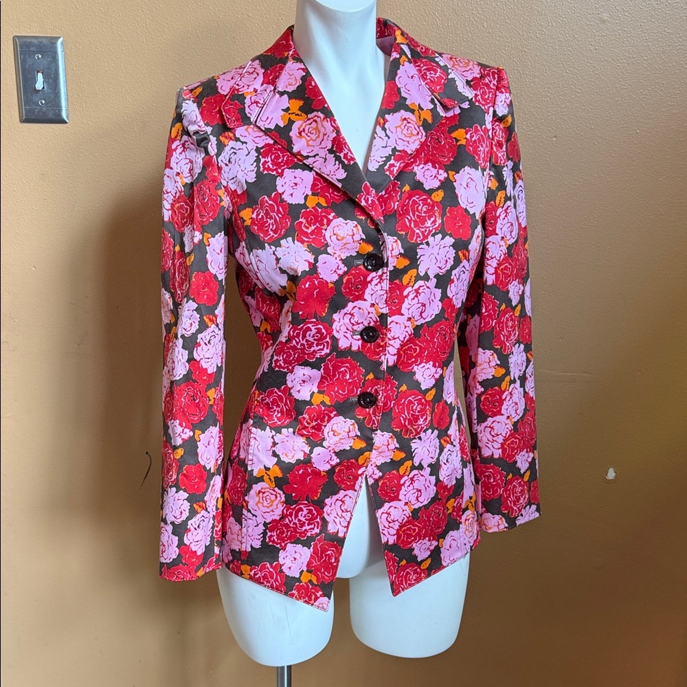 Linda Allard Ellen Tracy Women’s Blazer Jacket Red Pink Floral Size 2